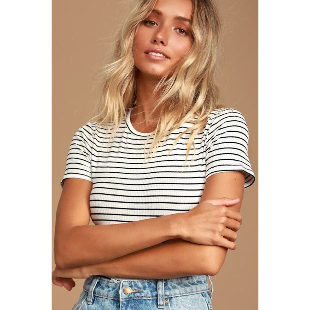 Lulu’s Striped Short Sleeve Ribbed Bodysuit - White/Black